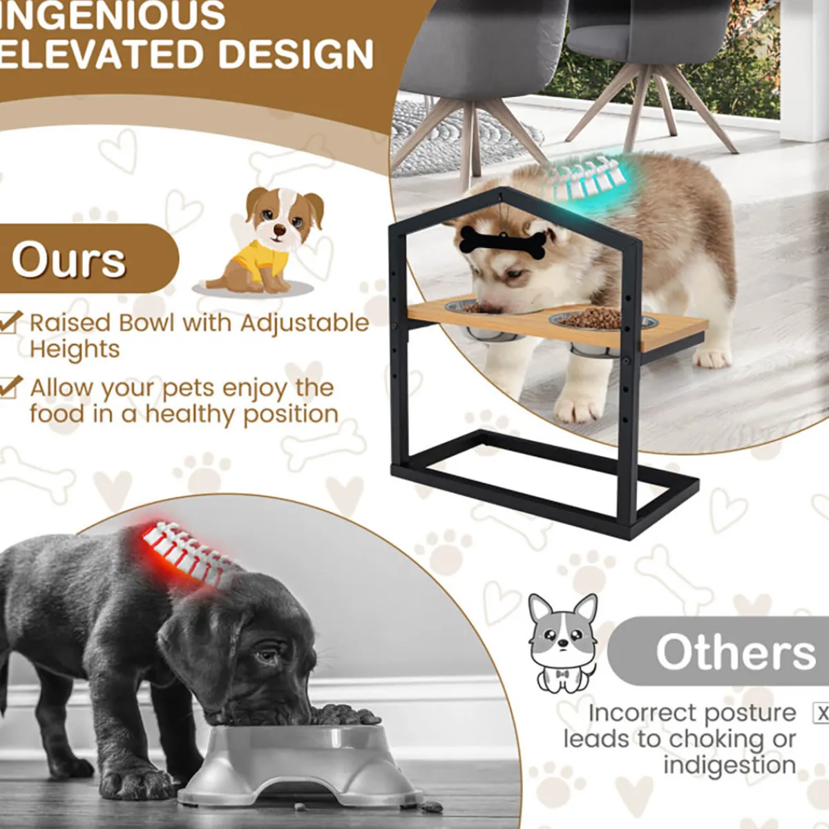 The Green Pet Shop (Cool Care Technologies) Adjustable Raised Pet Feeder with Stainless Steel Bowls