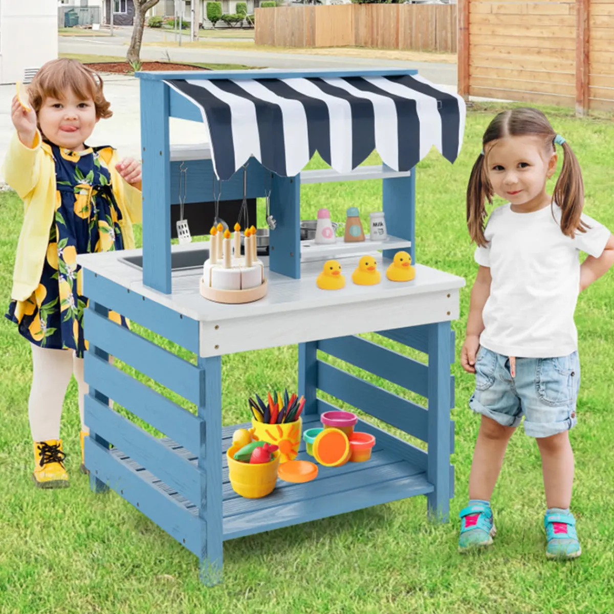 GoPlus (Costway) Double-Sided Wooden Play Kitchen and Grocery Stand