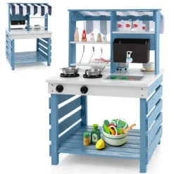 GoPlus (Costway) Double-Sided Wooden Play Kitchen and Grocery Stand