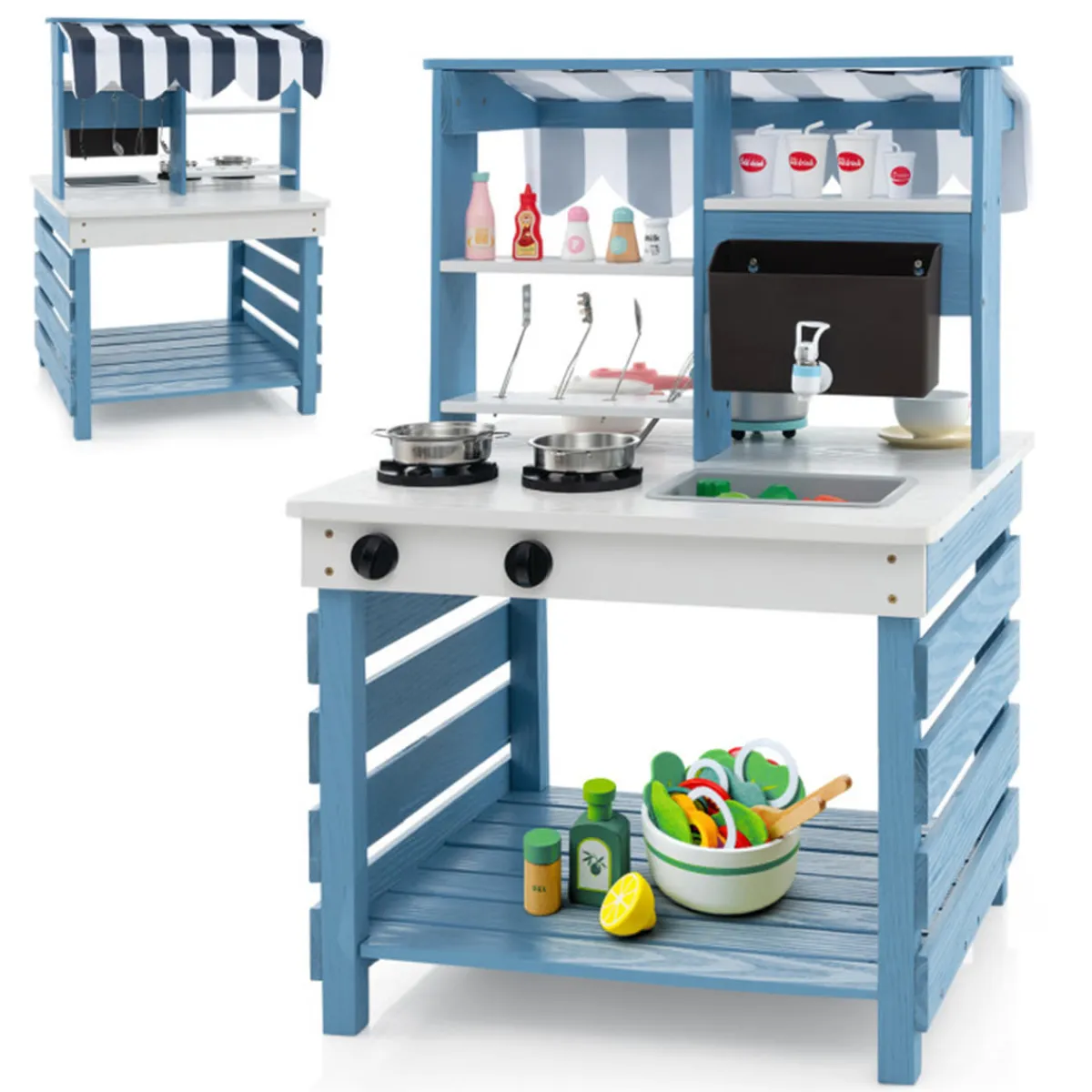 GoPlus (Costway) Double-Sided Wooden Play Kitchen and Grocery Stand