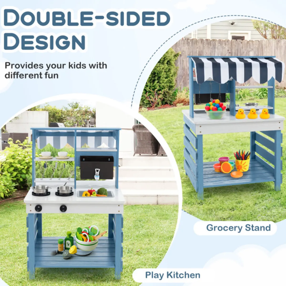 GoPlus (Costway) Double-Sided Wooden Play Kitchen and Grocery Stand
