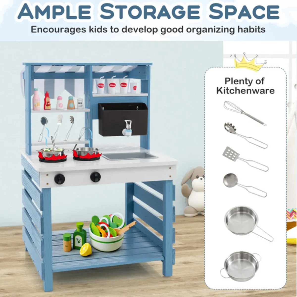 GoPlus (Costway) Double-Sided Wooden Play Kitchen and Grocery Stand