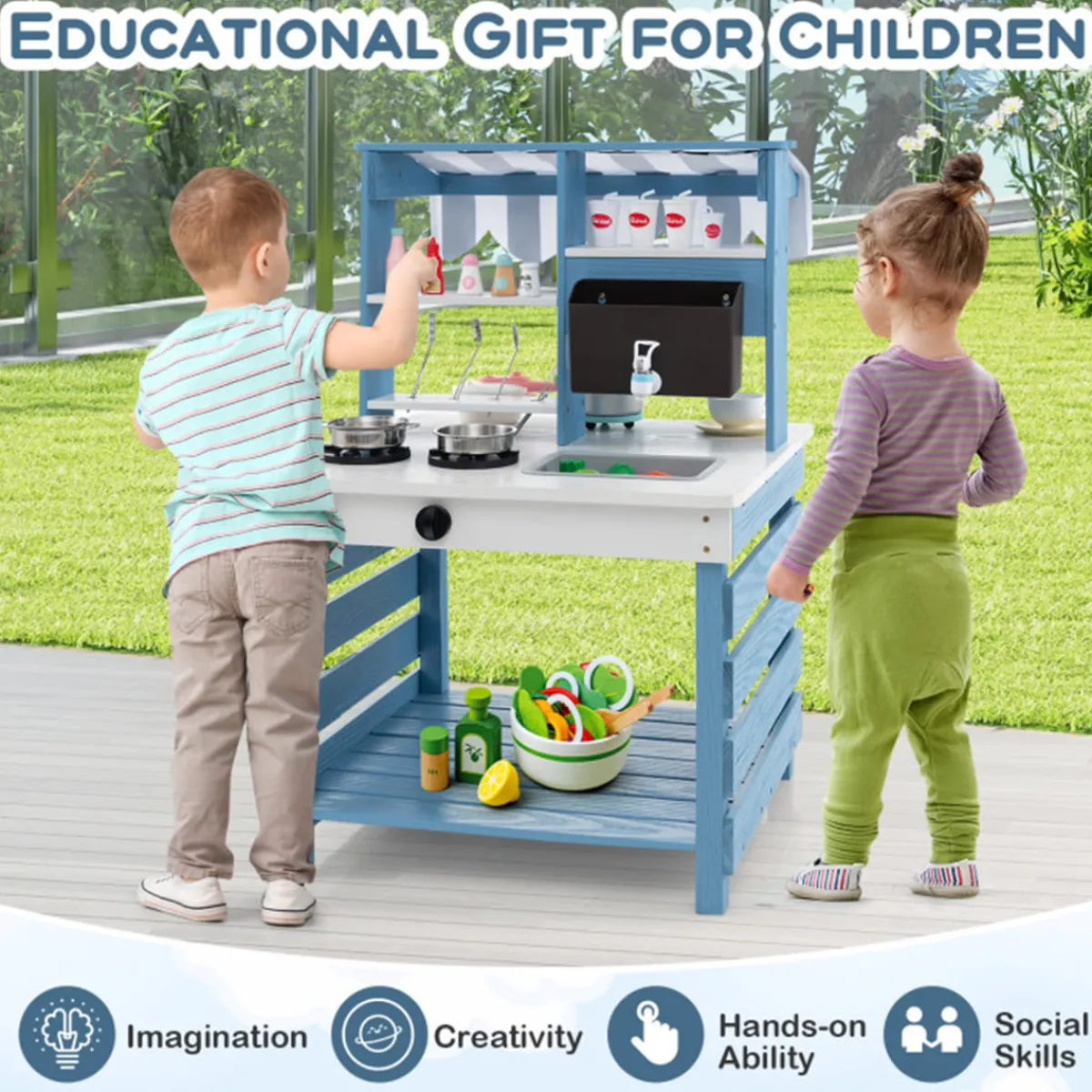 GoPlus (Costway) Double-Sided Wooden Play Kitchen and Grocery Stand