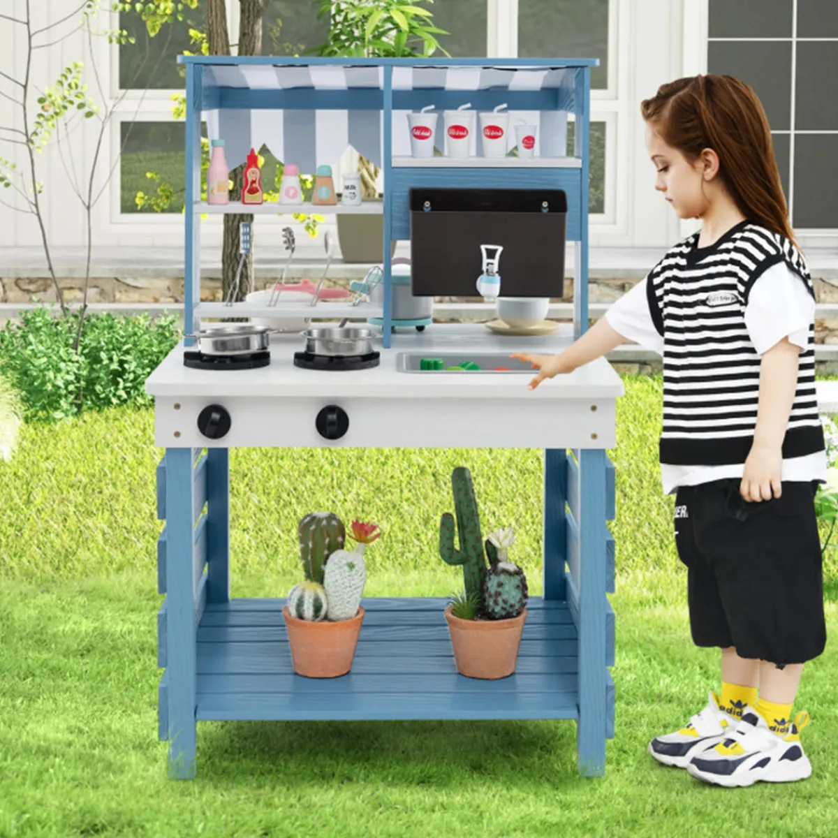 GoPlus (Costway) Double-Sided Wooden Play Kitchen and Grocery Stand