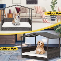 GoPlus (Costway) Outdoor Wicker Dog House with Weatherproof Roof