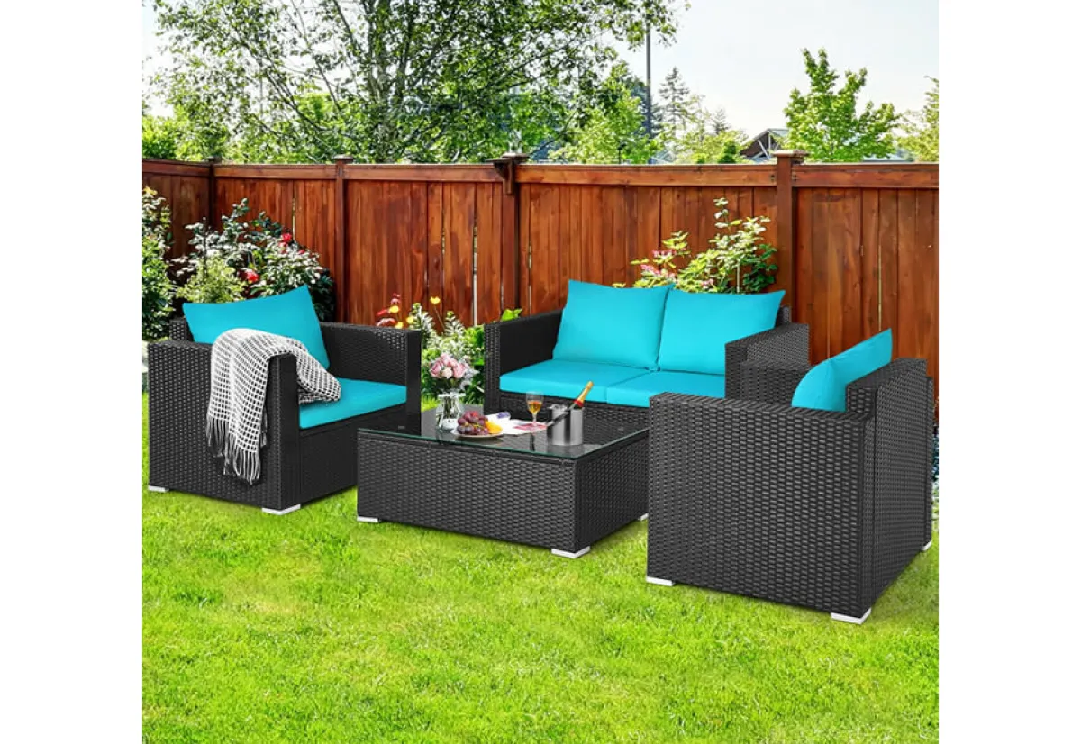 Reflection International Inc 4-Piece Rattan Conversation Patio Set with Padded Cushion