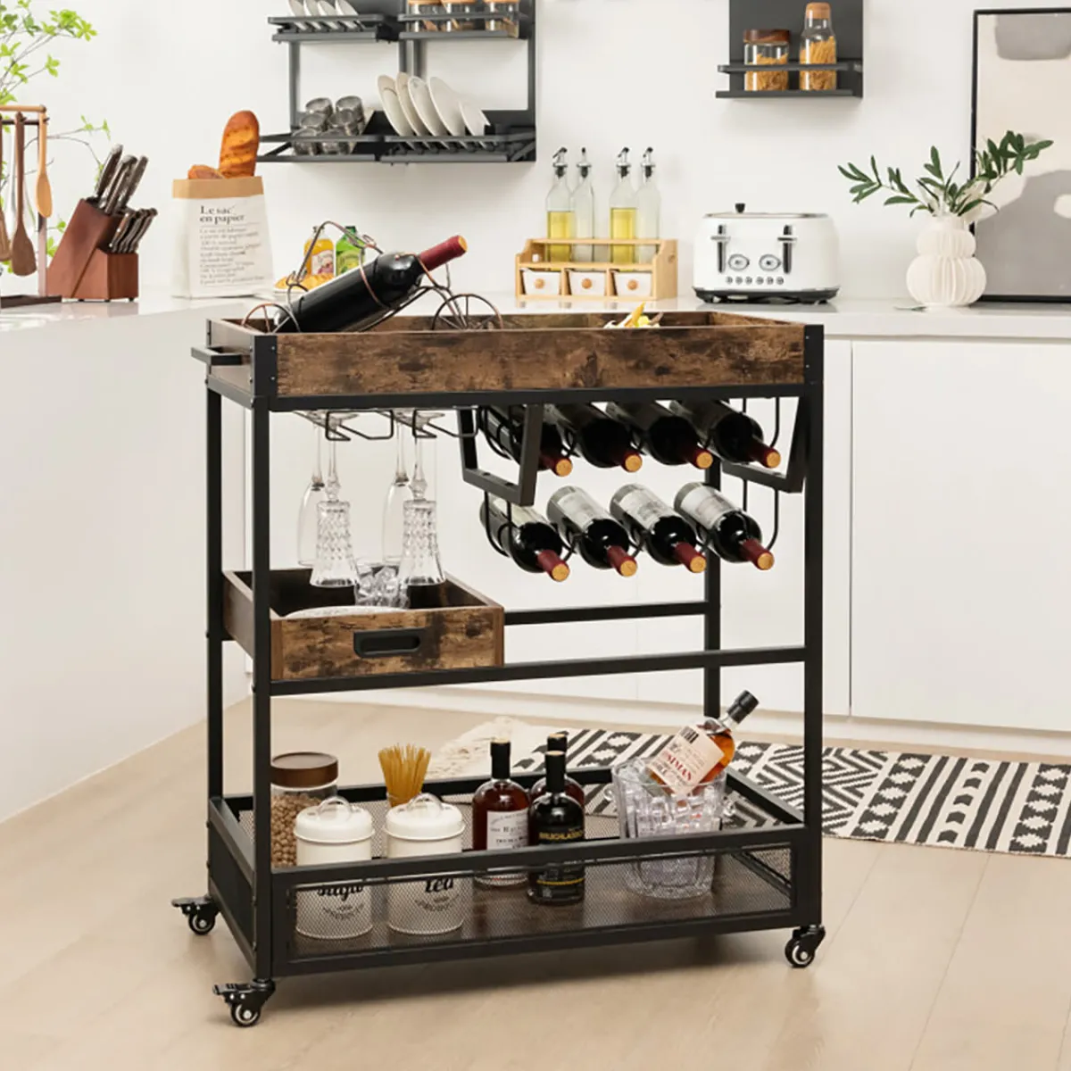 Sharper Image 3-Tier Industrial Buffet Serving Cart with Wine Rack