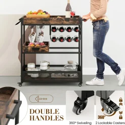 Sharper Image 3-Tier Industrial Buffet Serving Cart with Wine Rack