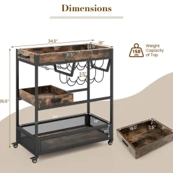 Sharper Image 3-Tier Industrial Buffet Serving Cart with Wine Rack