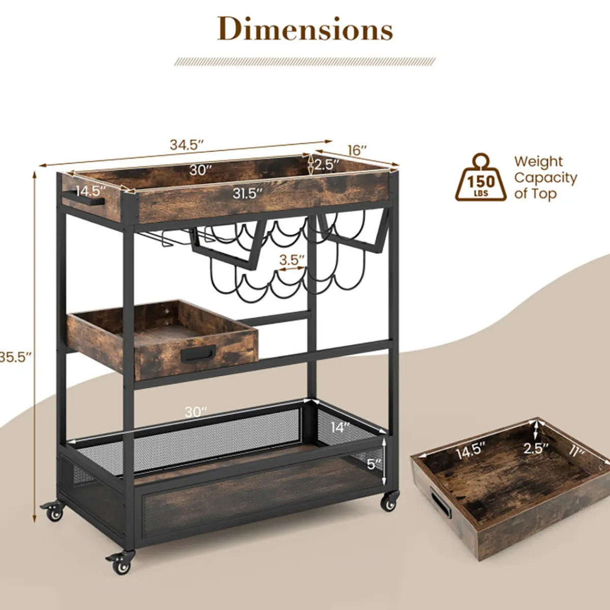 Sharper Image 3-Tier Industrial Buffet Serving Cart with Wine Rack