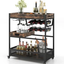 Sharper Image 3-Tier Industrial Buffet Serving Cart with Wine Rack