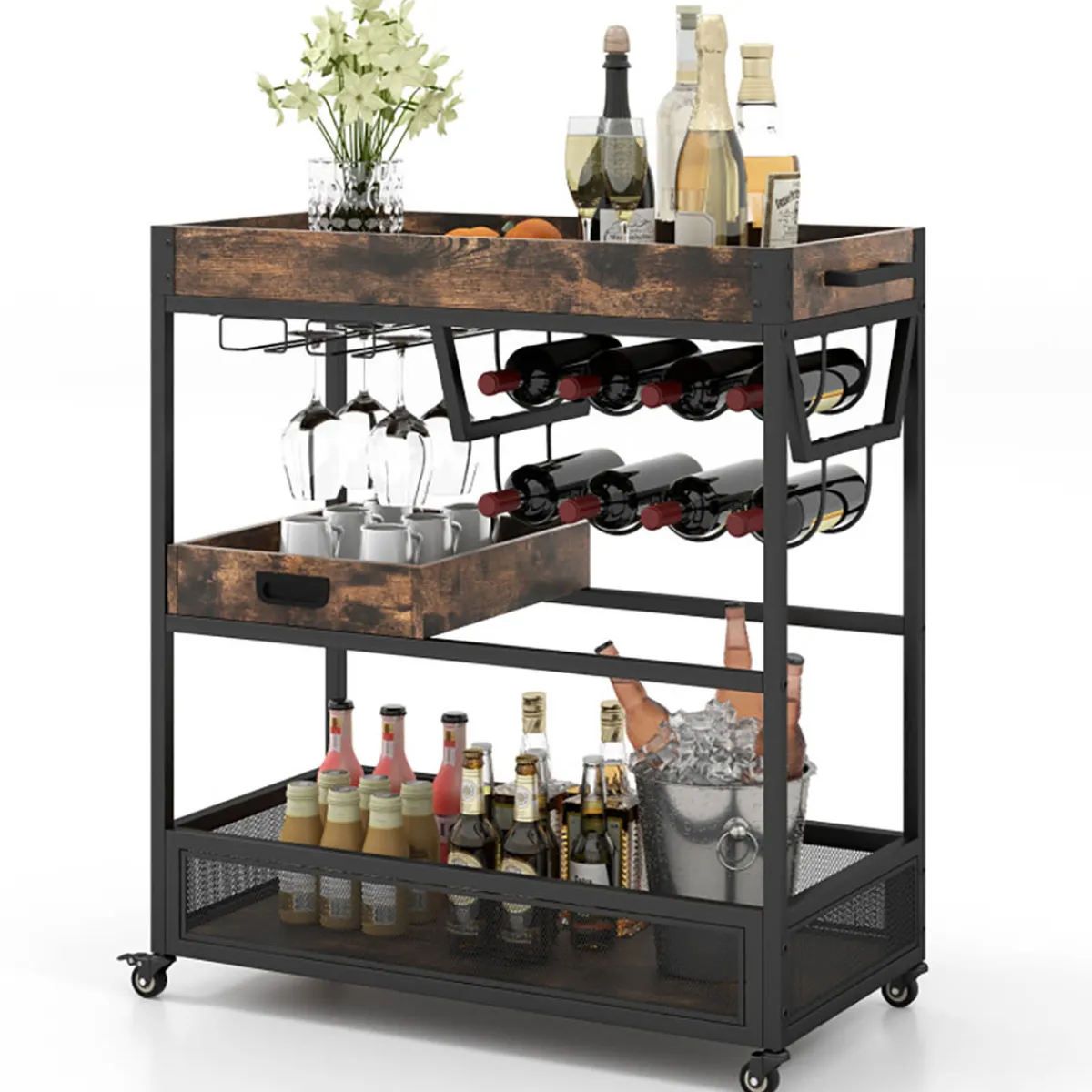 Sharper Image 3-Tier Industrial Buffet Serving Cart with Wine Rack